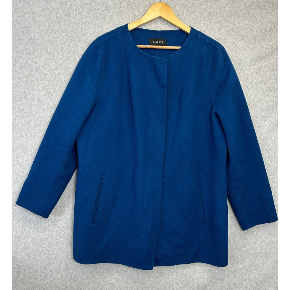 Talbots Size XL Wool Blend Coat Blue Collarless Button Front Minimalist Winter